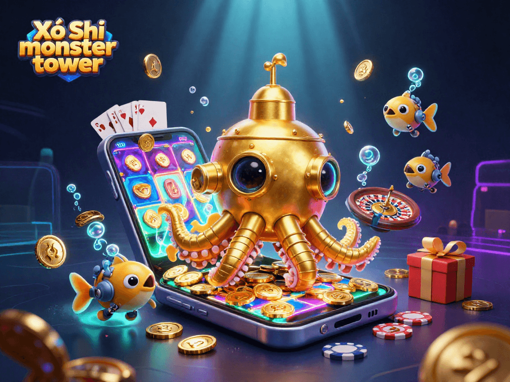 Xổ Số monster tower reveals an exhilarating scene of a golden kraken and mechanical fish around slot game elements.