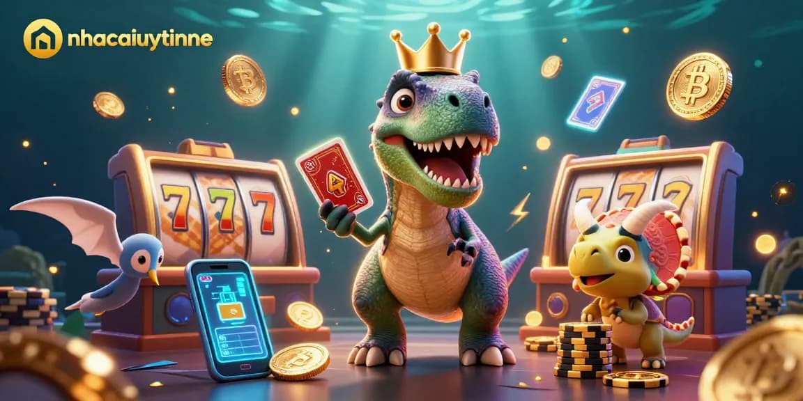 Place bets on nhacaiuytinne while enjoying a vibrant 3D casino scene featuring playful dinosaur characters.