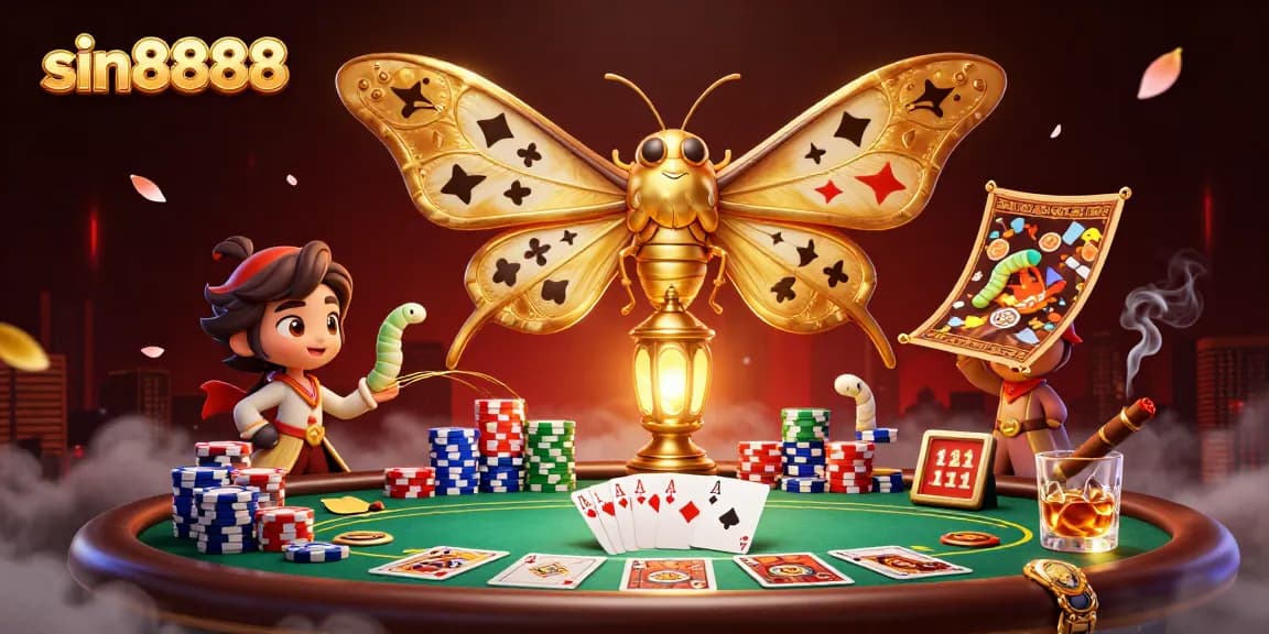Engage with sin8888's vibrant casino world through a captivating 3D illustration of an atlas moth and golden gaming elements.
