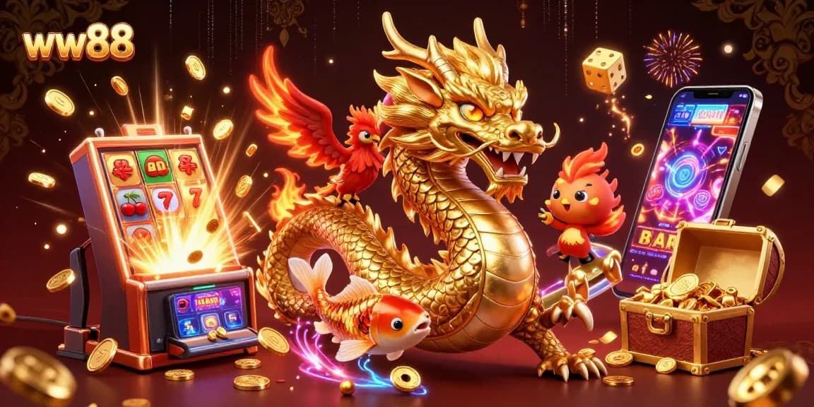 Experience thrilling wins at ww88 with golden Chinese dragon, phoenix, and koi fish amid casinos.