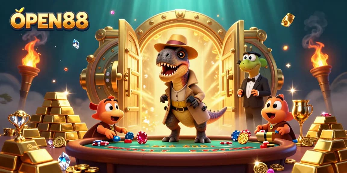 Experience the vibrant energy of OPEN88 with a velociraptor card counter and a stegosaurus pit boss in a dynamic casino scene.