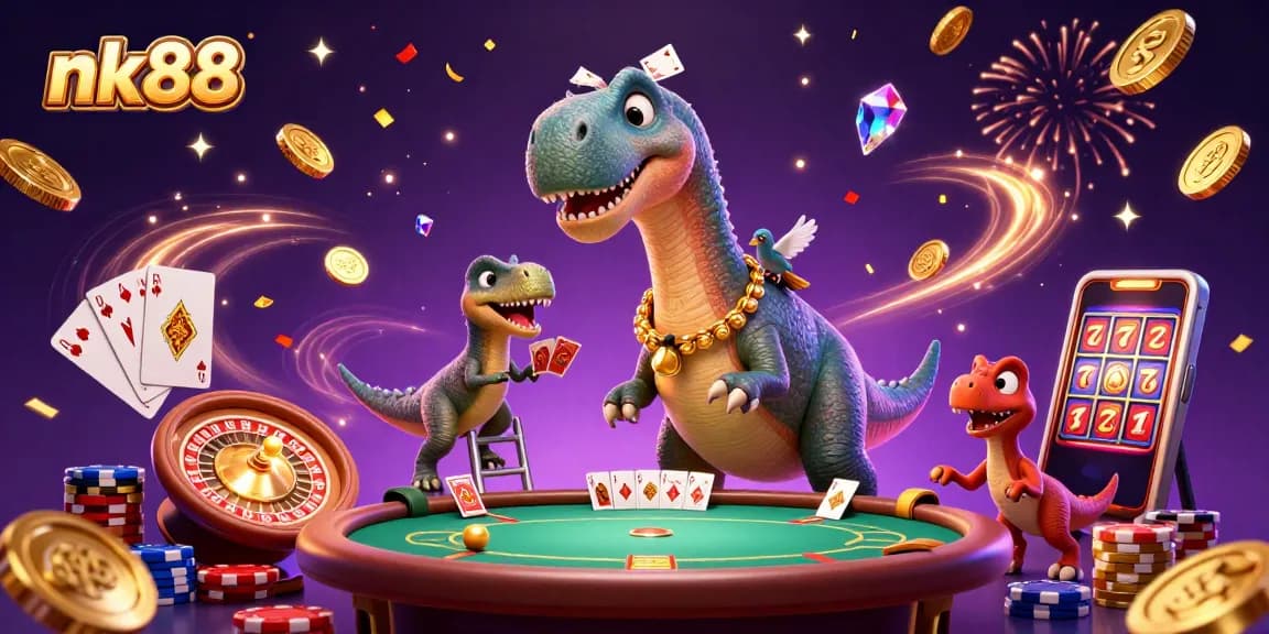 Experience thrilling gameplay at nk88 with this vibrant casino scene showcasing a giant brontosaurus and exciting game elements.