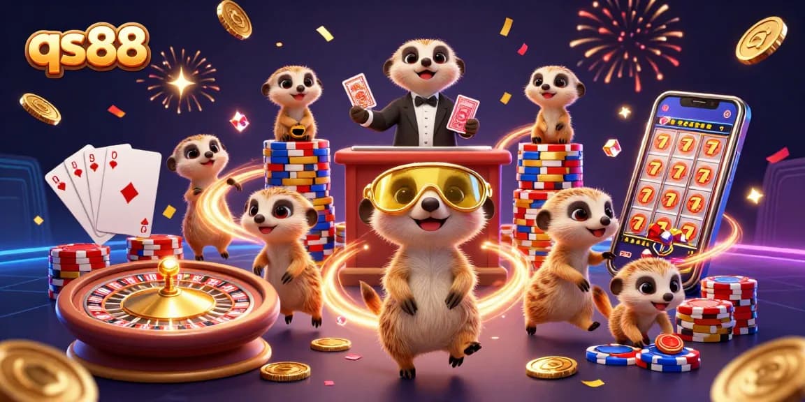 Experience the excitement at qs88 with meerkats managing a lively casino filled with gold and gems!