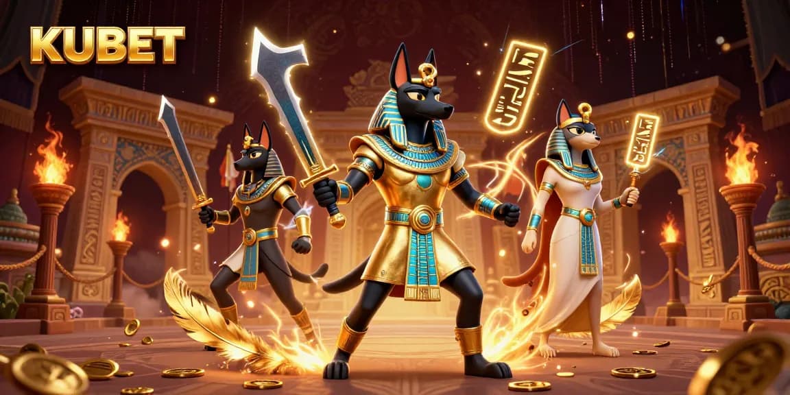 KUBET offers thrilling gaming action with Anubis and Bastet in a vibrant casino setting.