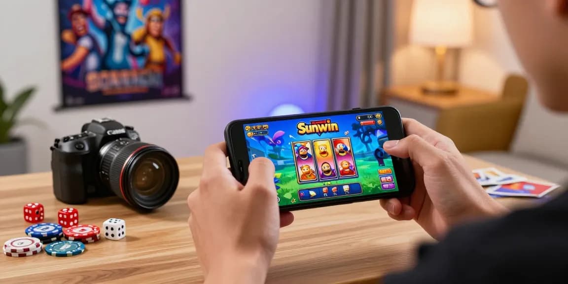 Sunwin user enjoying engaging online gaming experience with vibrant graphics and gaming paraphernalia in a cozy living room setting.