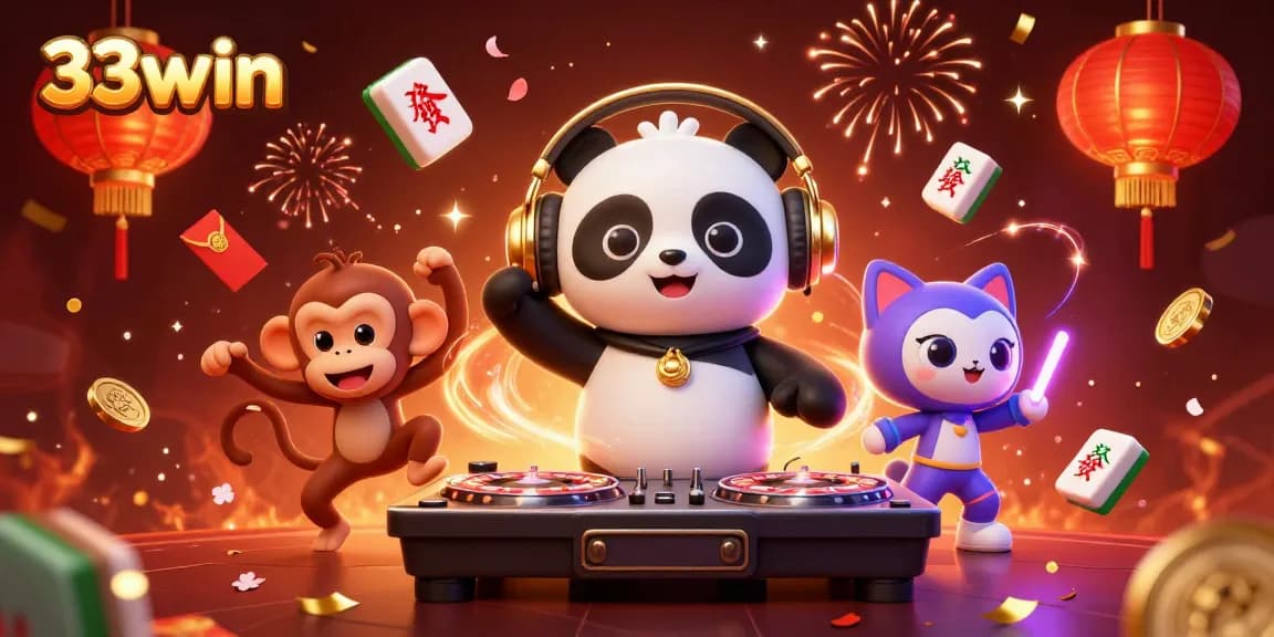 Engage with 33win's vibrant casino scene featuring DJ panda, dancing monkey, and rave kitten.