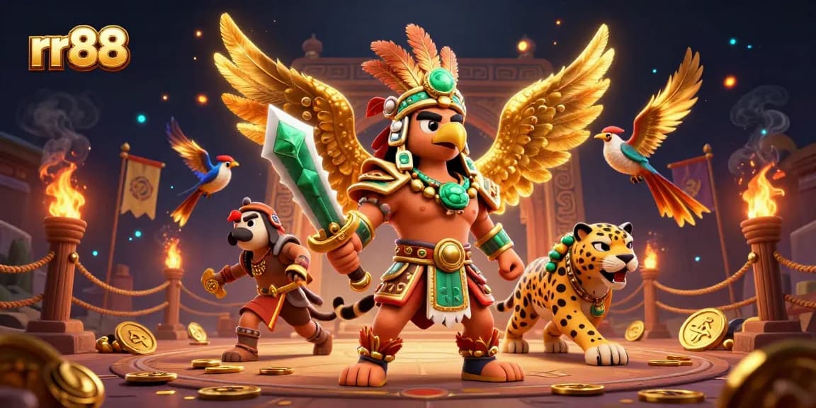 Experience thrilling gameplay at rr88 with a dynamic scene featuring an Aztec warrior and golden treasures.