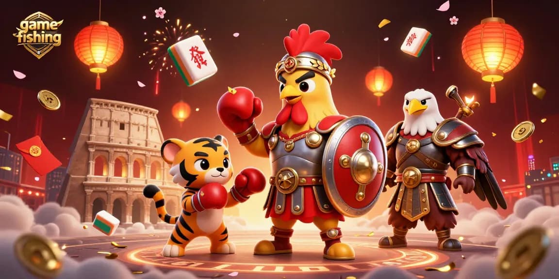 Engage in game fishing with a dynamic 3D illustration of a rooster gladiator and tiger cub sparring in the colosseum.