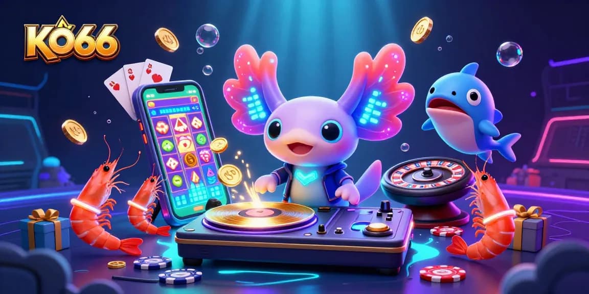 Watch the vibrant KO66 axolotl DJ spin golden records in this energetic underwater casino scene.