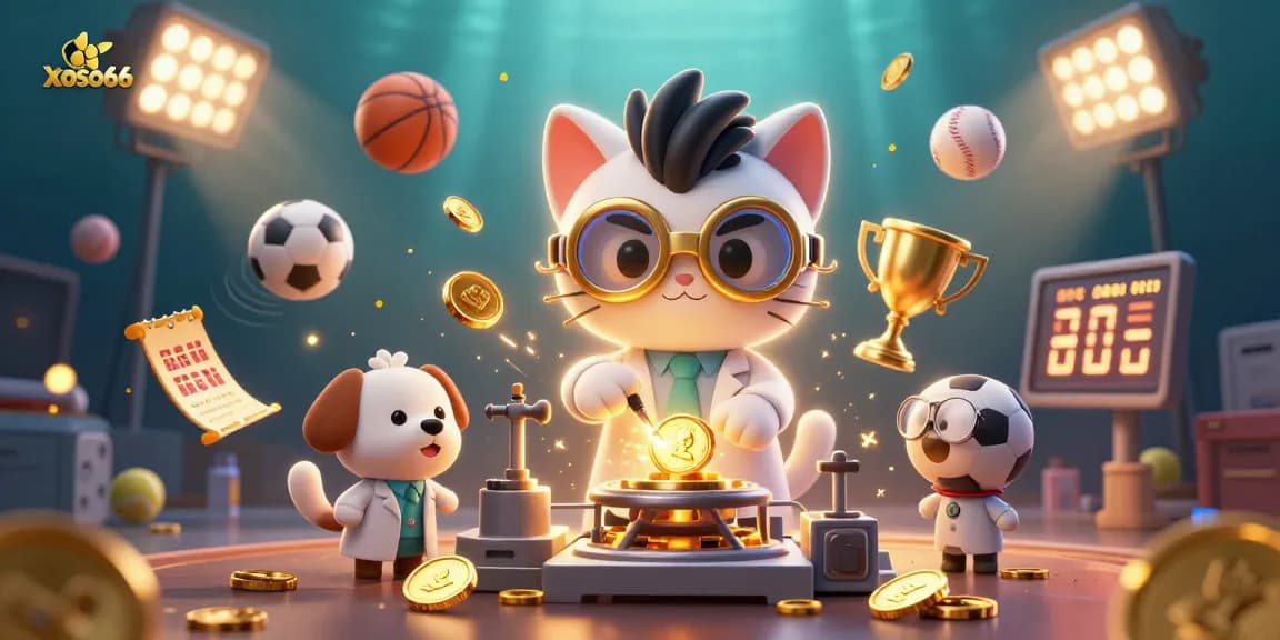 Bet big with xoso66: a vibrant scene showcasing a mad scientist cat and assistant in a dynamic casino environment filled with gold coins and sports elements.
