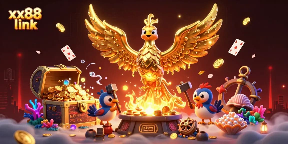 Engage with the ultimate xx88 link casino experience featuring a molten phoenix soaring amidst treasure and vibrant gaming elements.