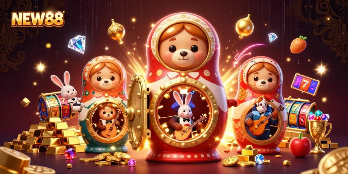 Experience thrilling wins with NEW88 in a vibrant 3D casino scene filled with lucky symbols and treasures.