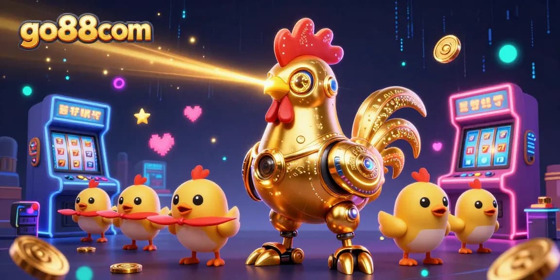 Experience thrilling gameplay at go88com with golden rooster robot and arcade games in vibrant action!