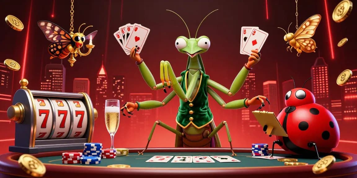 Engage with 8xbet's vibrant online gaming scene featuring a lively mantis dealer and charming ladybug pit boss.