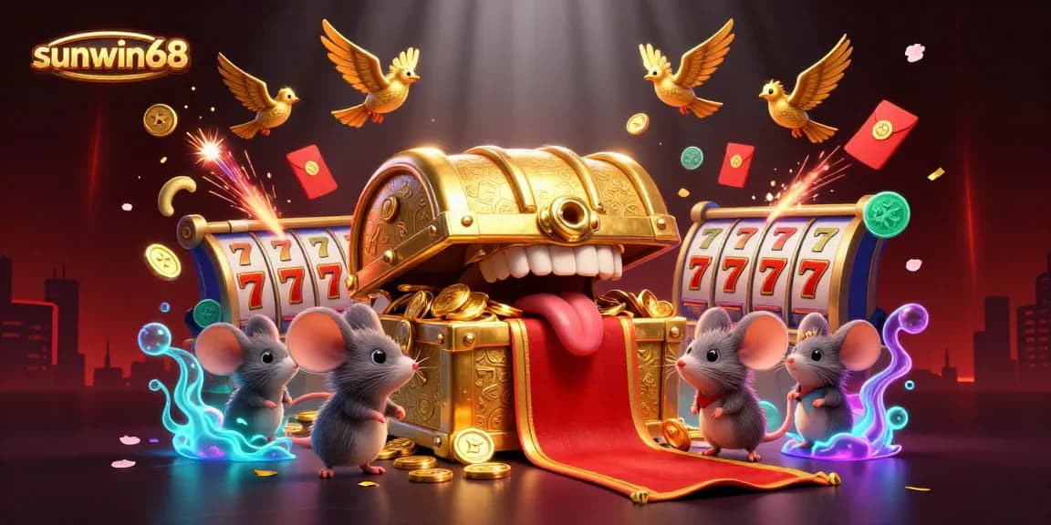 Experience thrilling gameplay with sunwin68, vibrant slot reels, and a treasure chest luring adventurers.