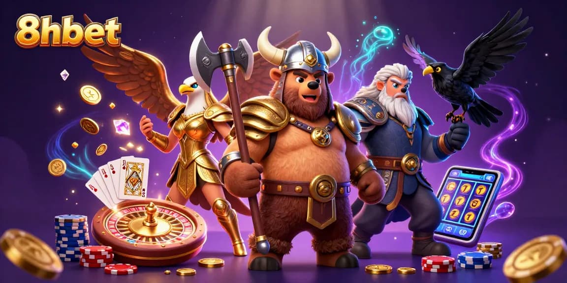 Experience thrilling gameplay moments with 8xbet as Viking and Valkyrie characters showcase a vibrant casino scene.