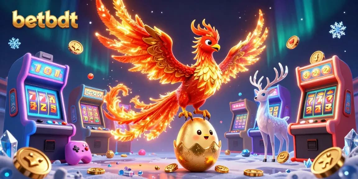 Experience betbdt's vibrant casino world with a phoenix and mystical stag amidst dynamic game elements.