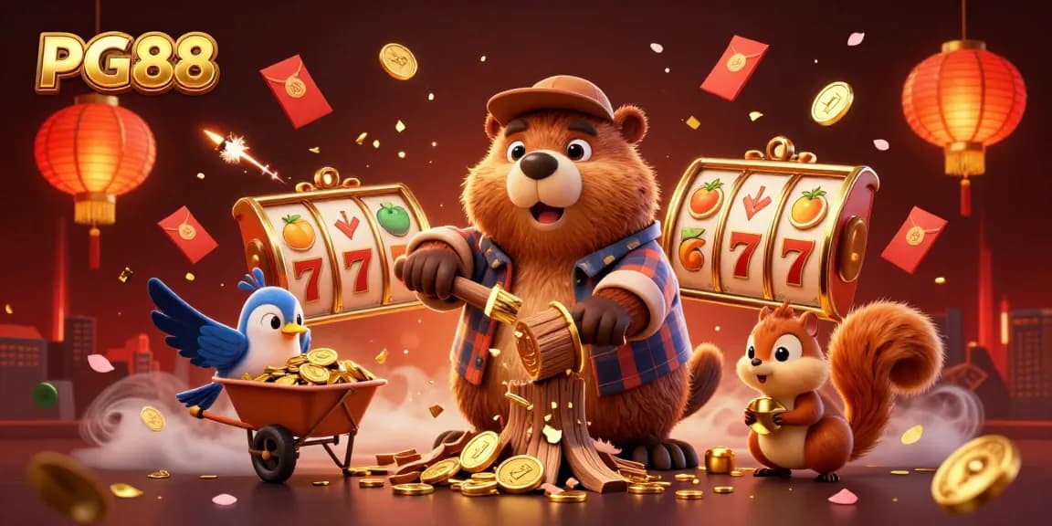 PG88 features a vibrant scene of a cartoon beaver raining gold coins, symbolizing online casino winnings.