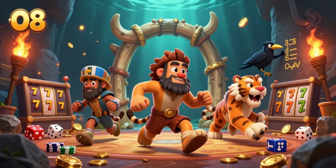 O8 engages players with a vibrant prehistoric casino featuring lucky 7s and golden jackpot elements.