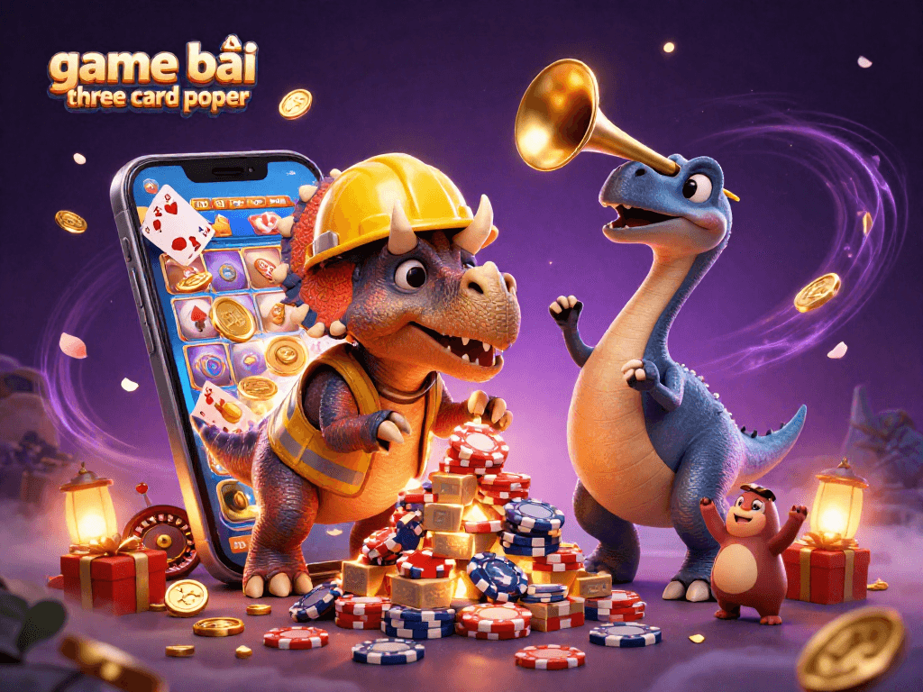 Exciting scene of game bài three card poker with vibrant characters and casino elements celebrating victories.