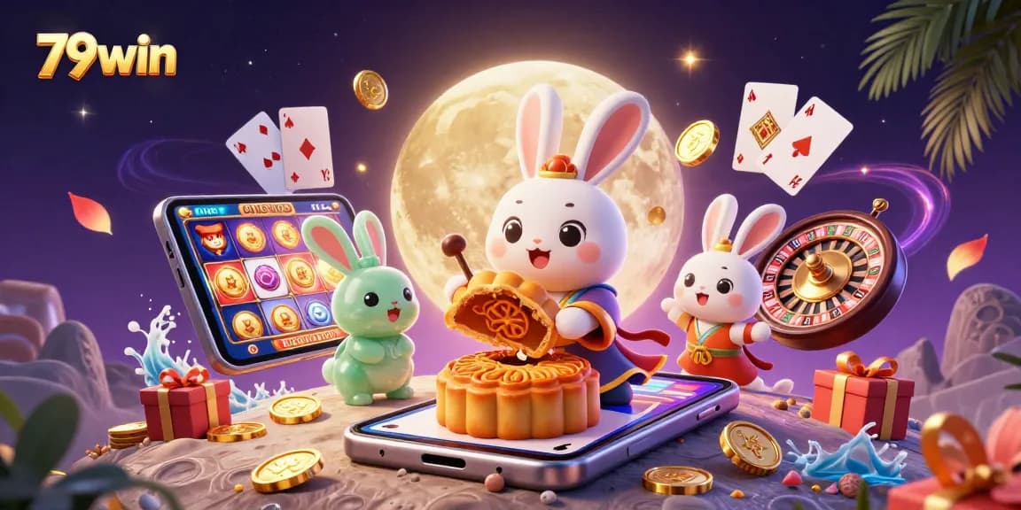 Experience thrilling gameplay with 79win as a moon rabbit unveils poker chips within a vibrant casino scene.