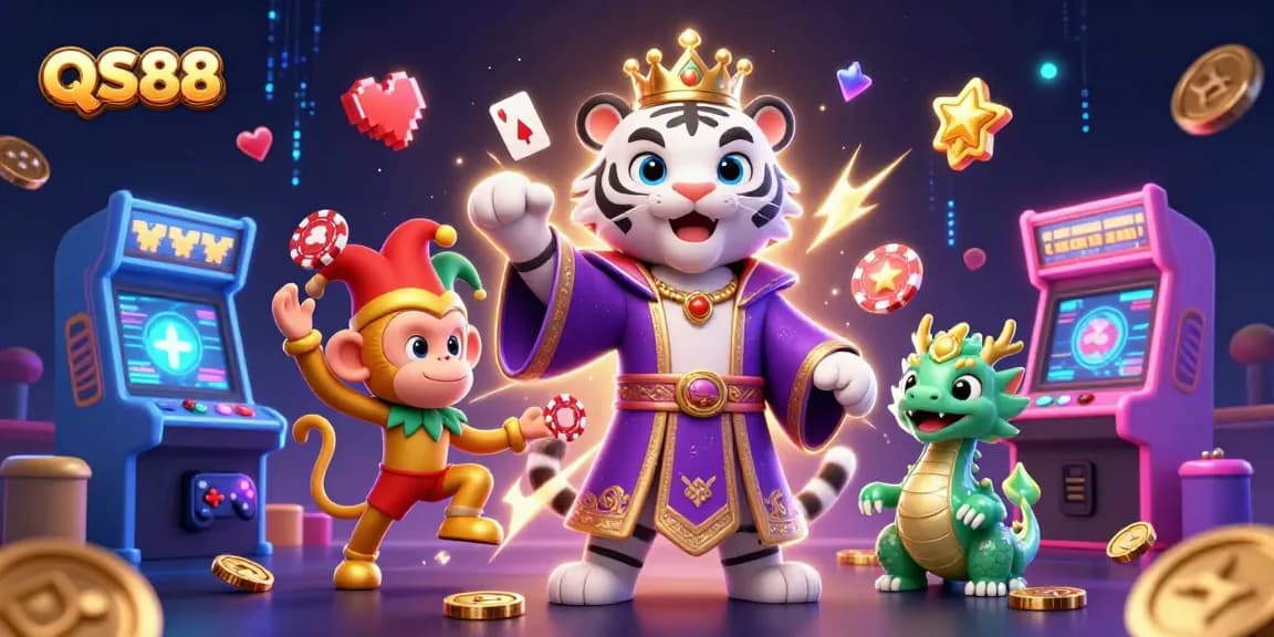 Engage with the thrilling world of QS88 casino games, featuring a majestic white tiger and vibrant game elements.
