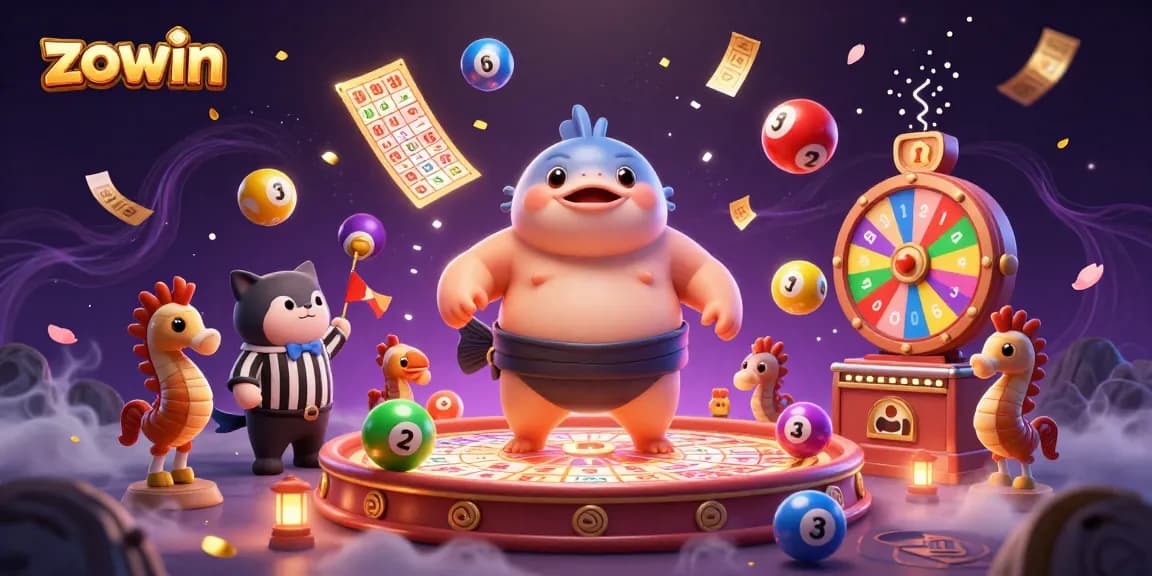 Zowin lottery scene featuring a lively fugu character and vibrant bingo elements in a dynamic atmosphere.