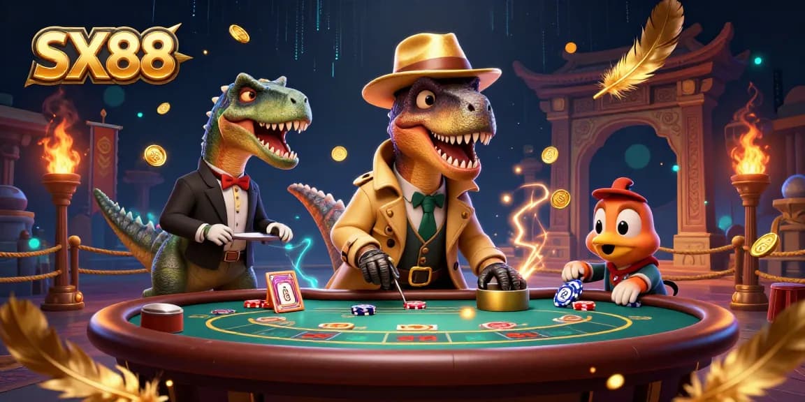 SX88 showcases an engaging casino scene with a velociraptor card counter captured at a blackjack table.