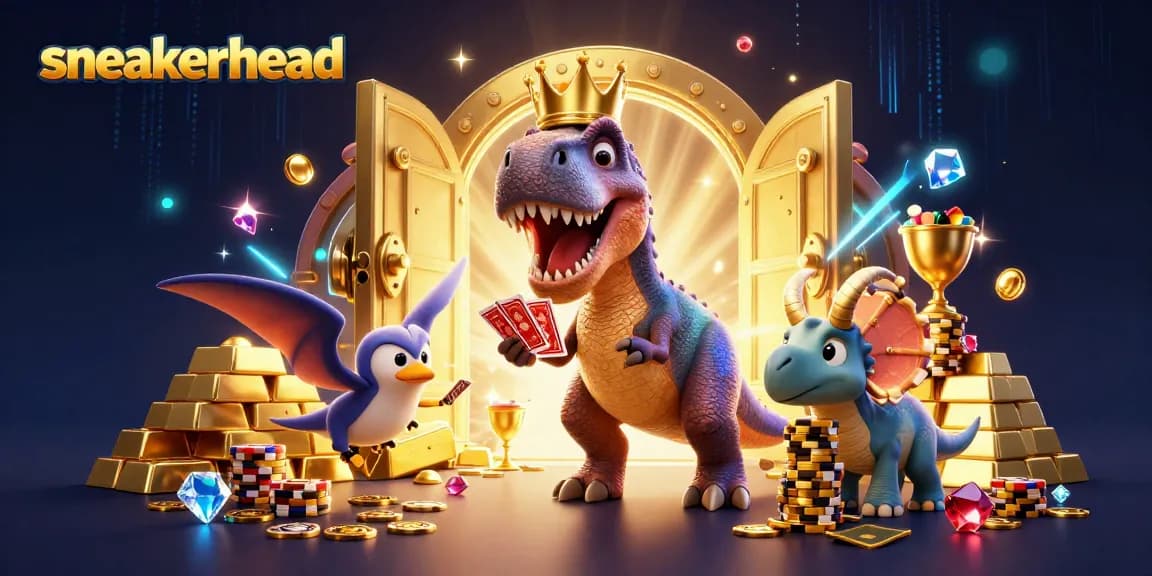 Sneakerhead characters engage in card games surrounded by treasures and casino elements