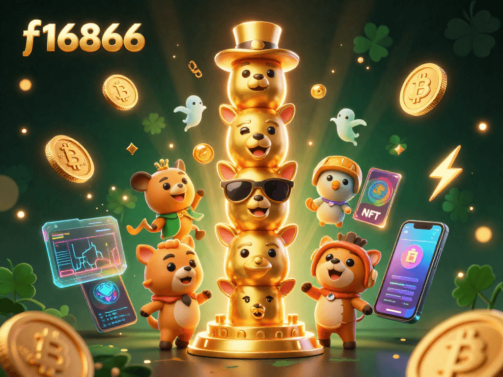 Experience gaming at f16866 with a vibrant 3D totem pole and glowing digital currency elements in the casino.