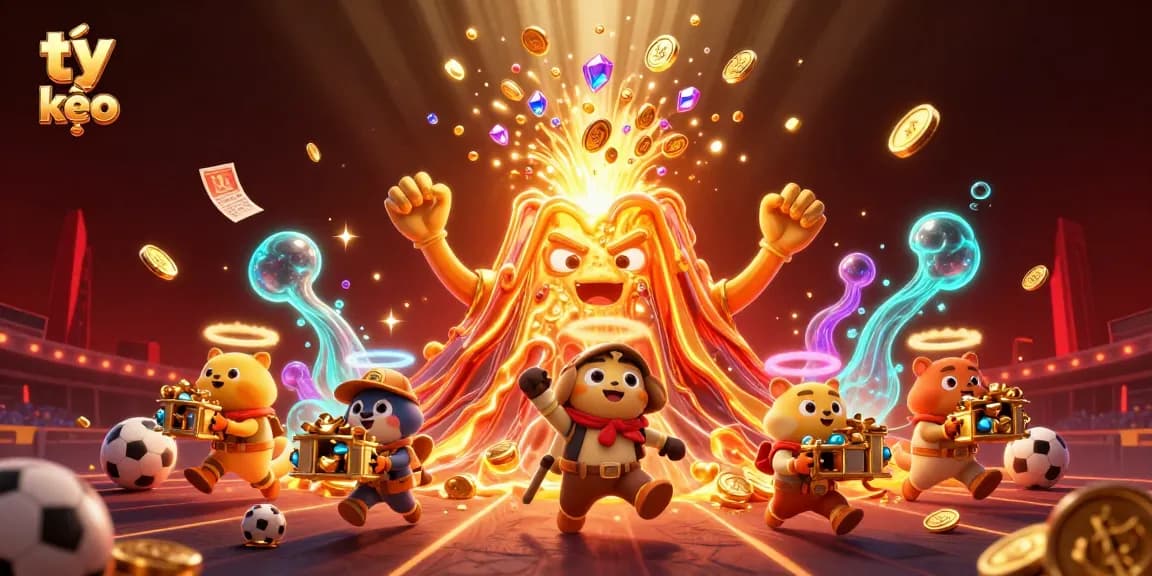 Engage in thrilling tỷ lệ kèo betting action with a vibrant volcano erupting treasure in this colorful sports-themed illustration.
