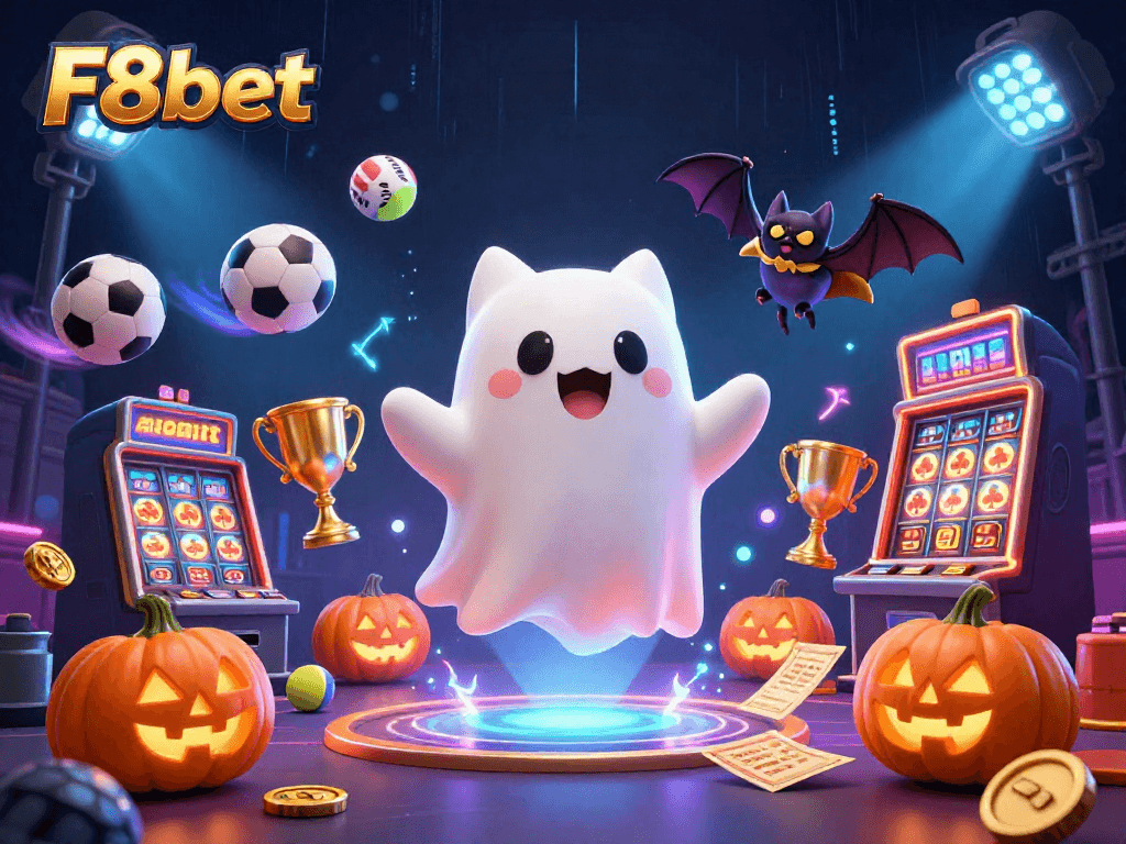 Engage with F8bet's thrilling online gaming experience in a vibrant casino scene filled with dynamic elements.