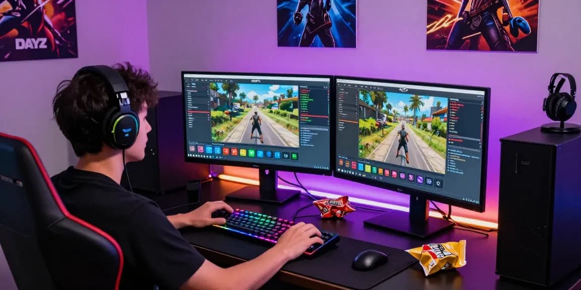 Player using DayZ Cheat software amidst an energized gaming setup.