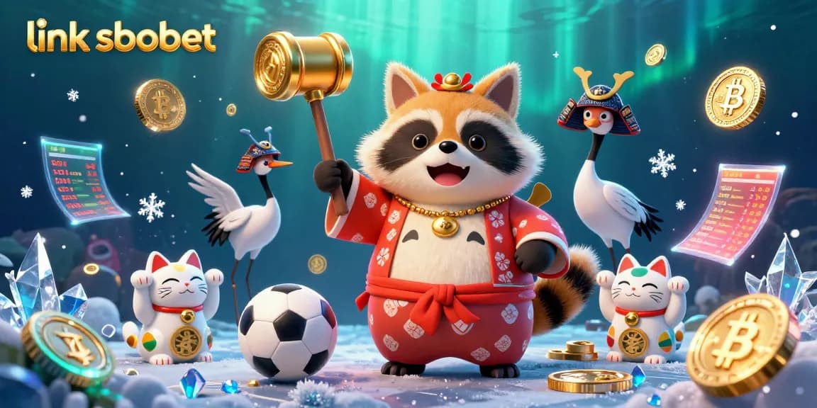 Experience link sbobet with vibrant cartoon art featuring sports betting elements, lucky tanuki, and fortune cats.