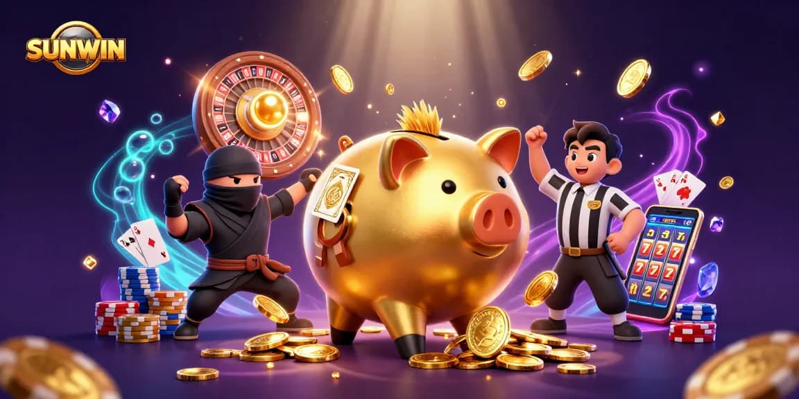 SUNWIN promotes thrilling gaming with a golden piggy bank wrestler and dynamic casino elements
