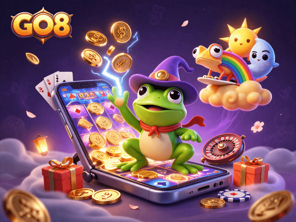 Win big at GO8 with vibrant 3D digital art depicting casino excitement and golden rewards.