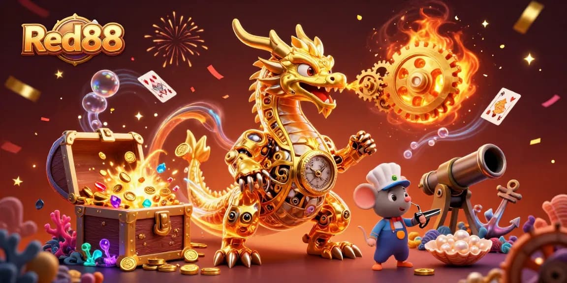 Engage with Red88's immersive casino adventure featuring a biomechanical dragon amidst a treasure-filled underwater world.