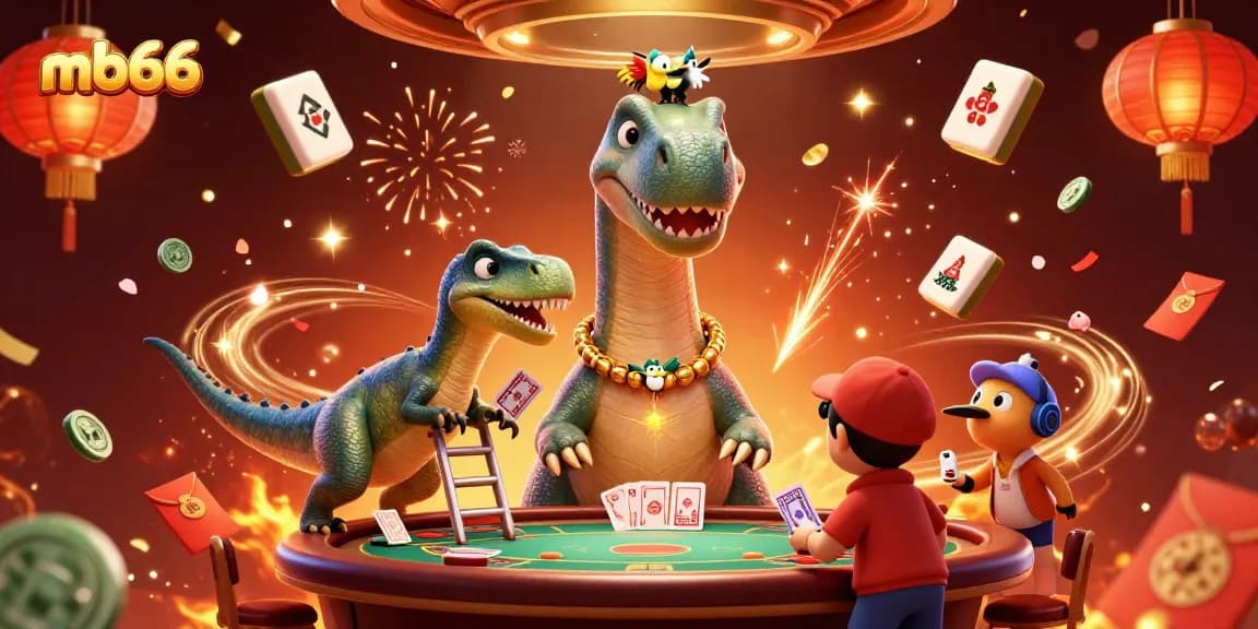 Engage with the exciting mb66 casino atmosphere, as a brontosaurus presides over a poker table with colorful confetti and game elements.