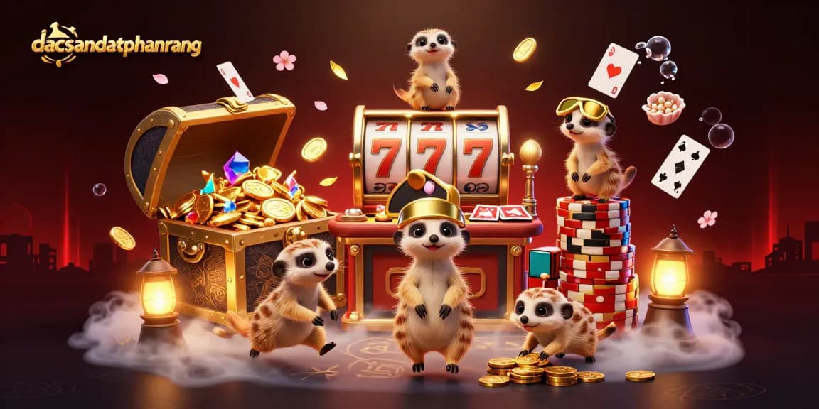 Experience exciting gaming action at dacsandatphanrang with lively meerkats in a vibrant casino scene.