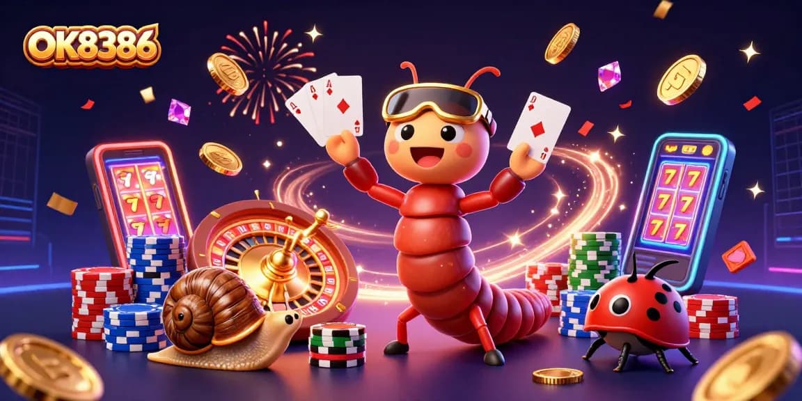 Engage in thrilling gameplay with OK8386's vibrant casino illustration featuring a cartoon dealer and high-roller actions.