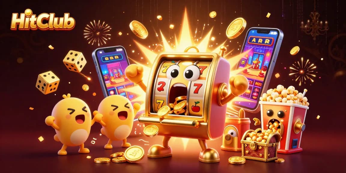 HitClub slot machine scoring a jackpot amidst a vibrant casino environment with coins and symbols