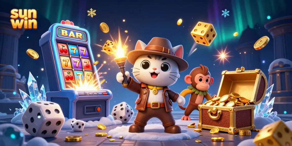 Engage with sun win slots in a vibrant 3D scene featuring a cartoon archaeologist cat and monkey companion.