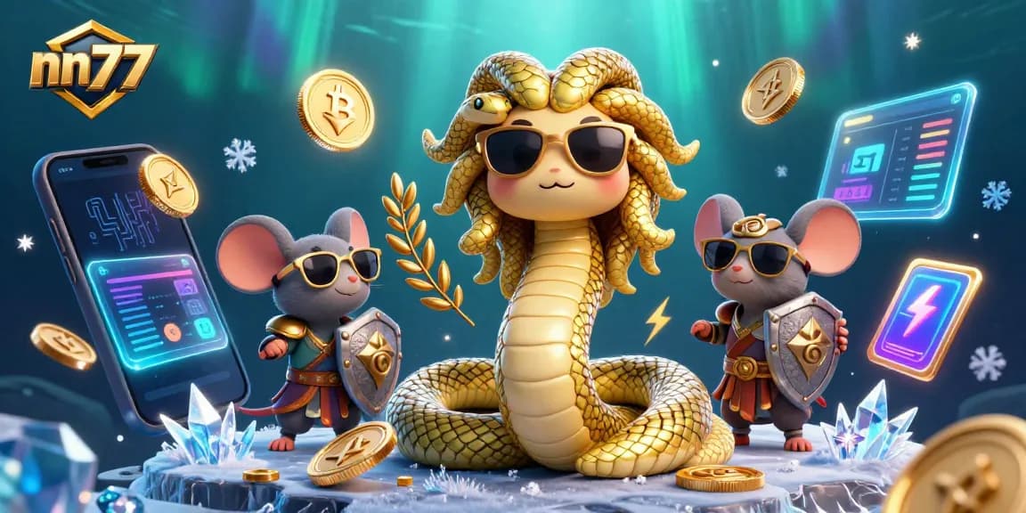 Engage with nn777's dynamic gaming scene featuring a friendly Medusa and a warrior mouse amidst vibrant symbols.