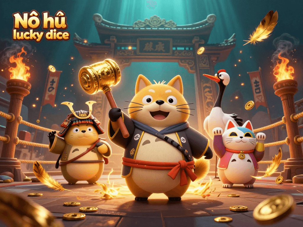 Nổ hũ lucky dice offers thrilling gameplay with cartoon tanuki and fortune cats in an exciting casino scene.