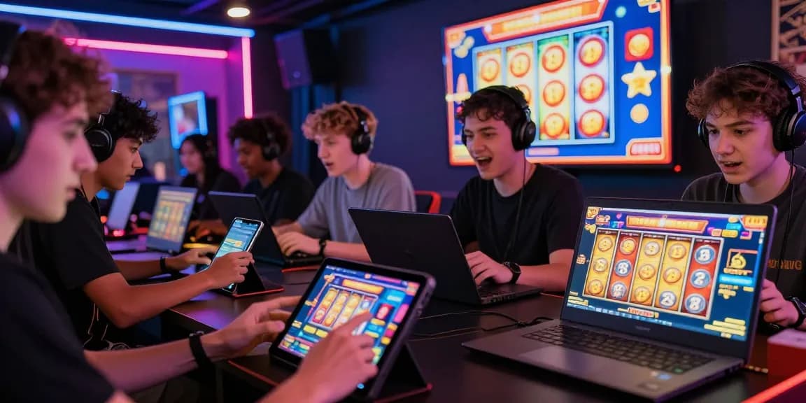 Exciting online gaming scene at oppa86 with diverse players engrossed in thrilling slot games, showcasing vibrant graphics and promotions.