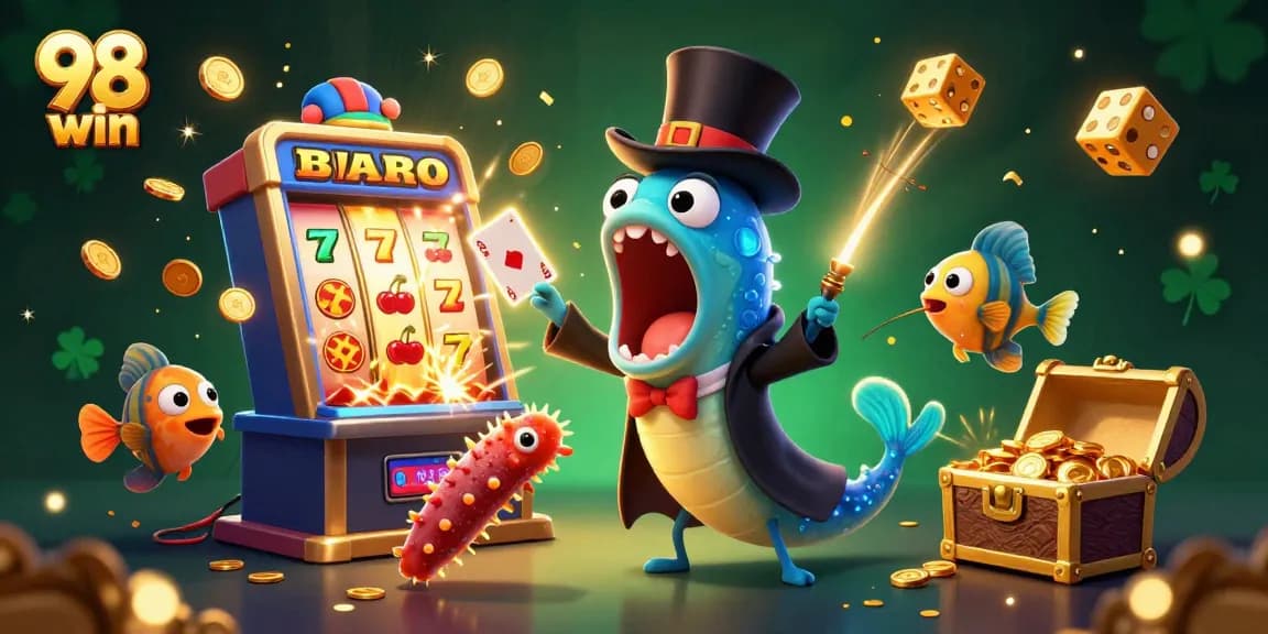 Experience thrilling wins with 98 win in a dynamic 3D casino illustration featuring playful characters.