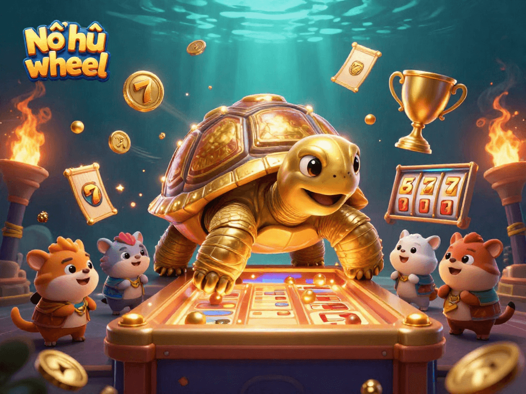 Nổ hũ wheel gameplay showcasing a golden tortoise wheel, slot elements, and excited animals illustrating fun and excitement.