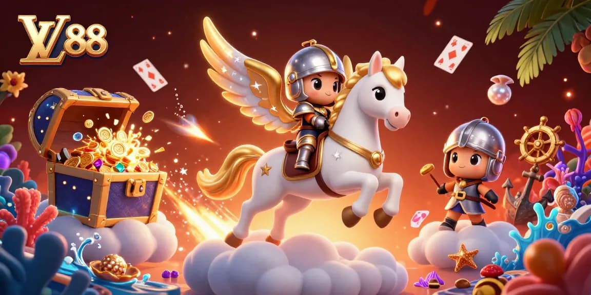 Spin the reels at LV 88! A thrilling illustration of a celestial horse and knight amidst treasures and casino elements.