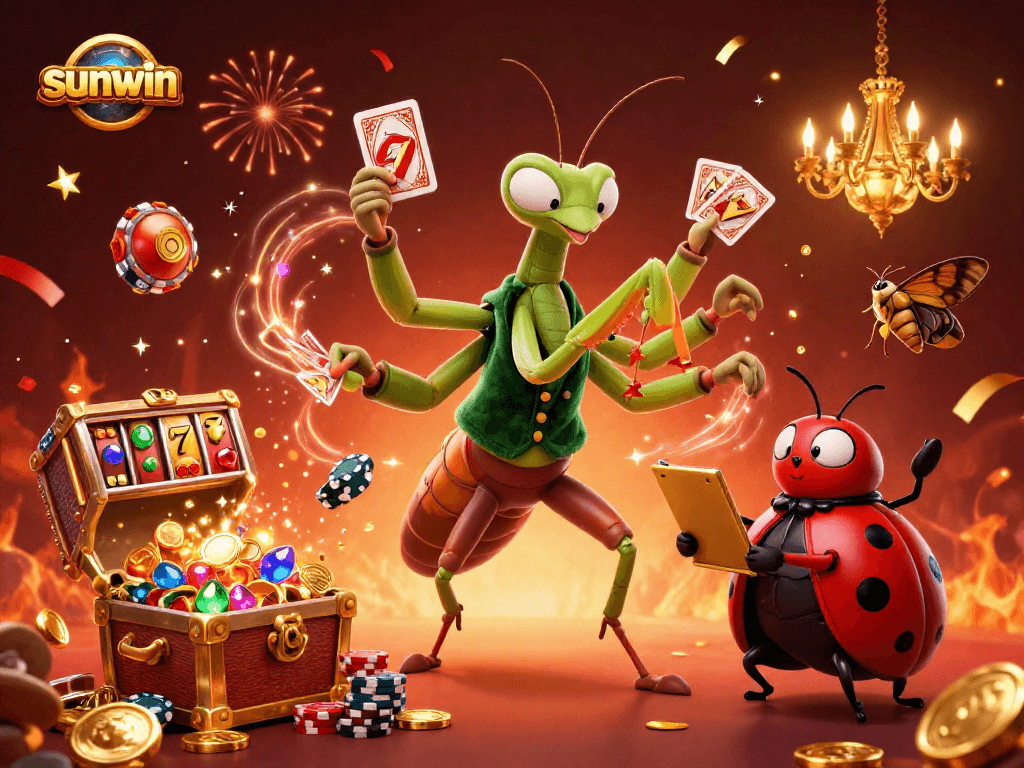 Engage in thrilling gaming at Sunwin with a lively 3D casino scene featuring vibrant characters and dynamic elements.