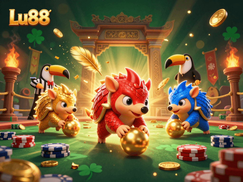 Lu88 features a vibrant scene with rival pangolins competing amid poker chips, enhancing casino excitement.